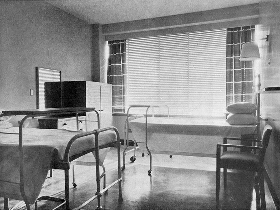 A hospital ward in 1953. The medical ward was on the first floor, surgical on the second, midwifery on the third, and children on the fourth floor.