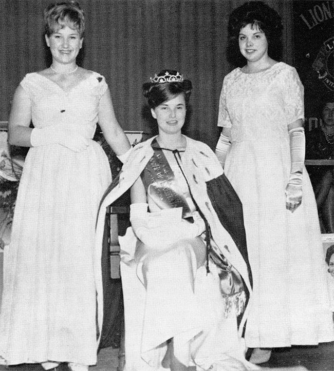 Miss Footscray Hospital, Pam Mayall, is crowned Queen of Industry in the 1963 Queen of Industry Quest conducted by the Lions Club of Footscray. The runners-up are Miss Exchange Hotel, Diane McKechnie, (left) and Miss Colonial Sugar Refineries, Dellis Kaye.