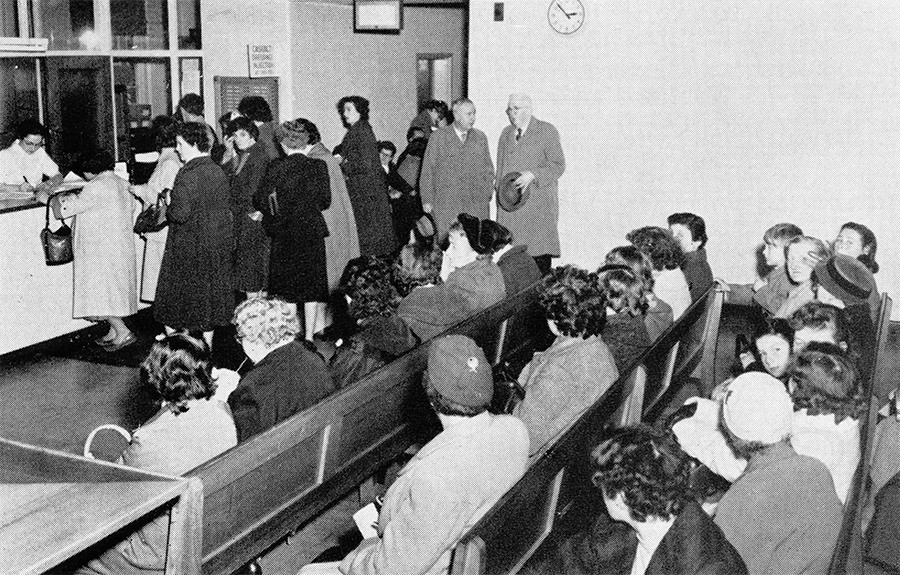 A crowded waiting room, Outpatients department.